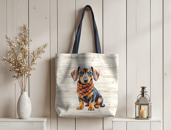 Teckel foulard fond bois sac