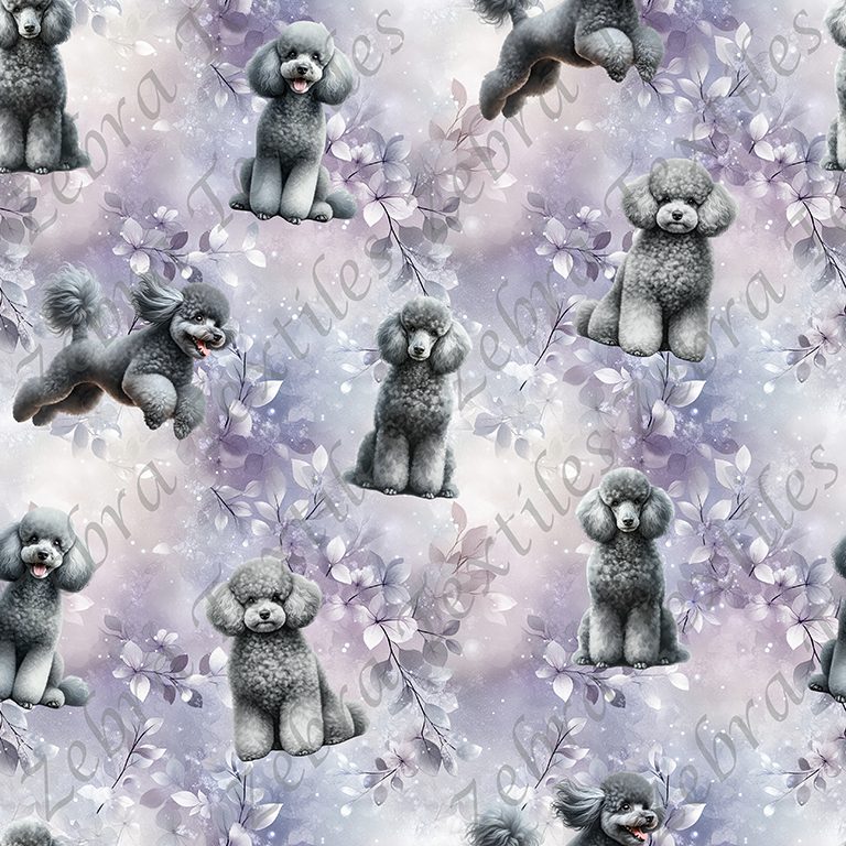 Caniche gris fond floral mauve