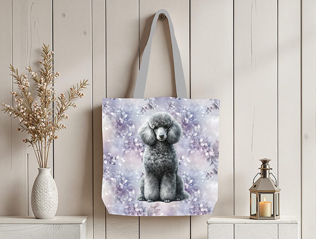 Caniche gris fond floral mauve