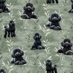 Caniche noir fond feuillage