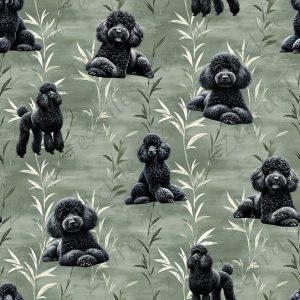 Caniche noir fond feuillage