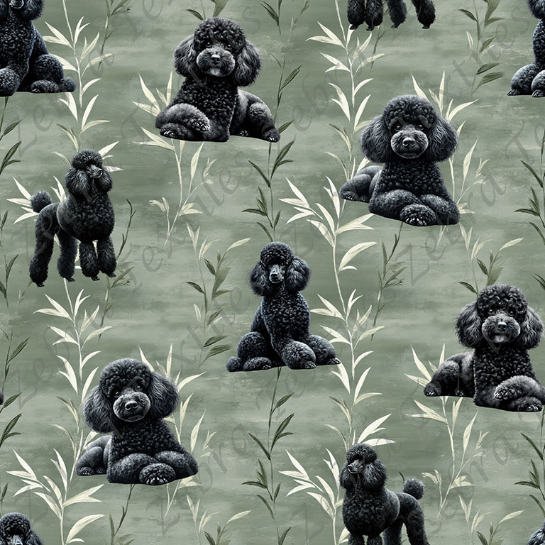 Caniche noir fond feuillage