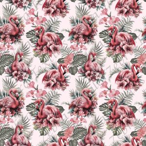 Flamant rose et fleur rose fond rosé