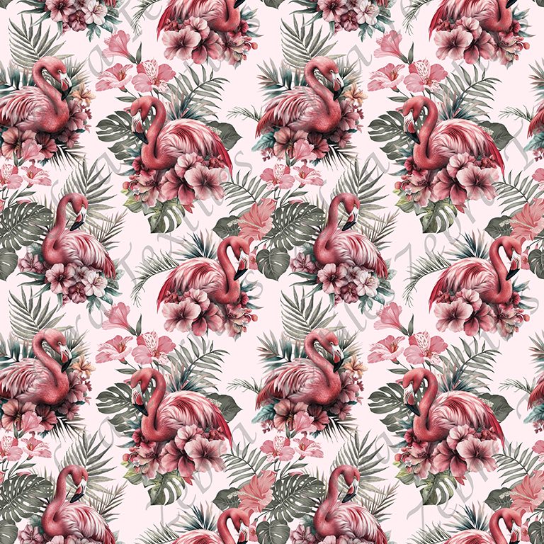 Flamant rose et fleur rose fond rosé