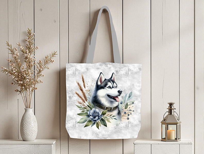 Husky fleur bleue fond gris