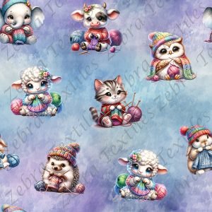 Animaux tricot fond bleu mauve