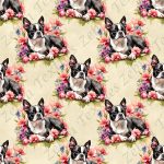 Boston terrier couché floral fond crème