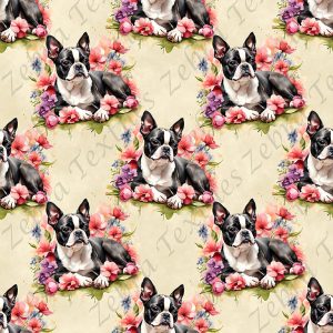 Boston terrier couché floral fond crème