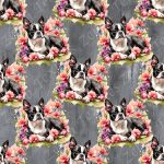 Boston terrier couché floral fond grunge