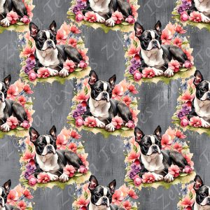 Boston terrier couché floral fond grunge