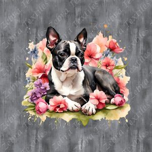 Boston terrier couché floral fond grunge