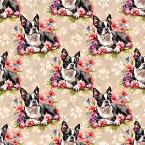Boston terrier couché floral fond patte