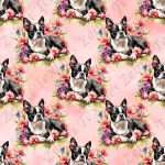 Boston terrier couché floral fond rose