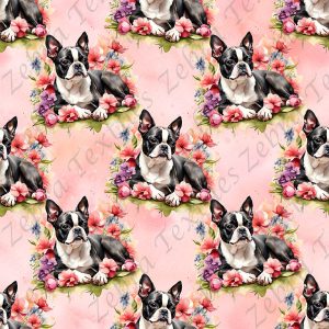 Boston terrier couché floral fond rose