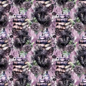 Chat noir et livre floral mauve