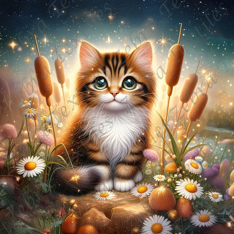 Chaton tigré et quenouille lumineuse
