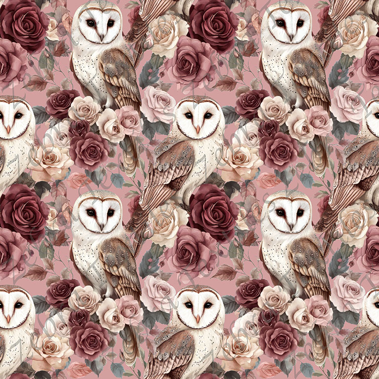 Chouette et rose fond rose