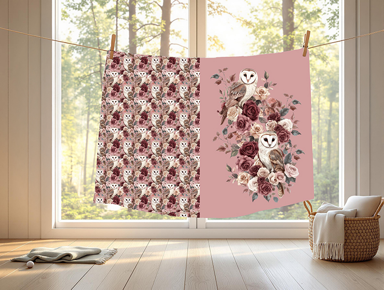 Chouette et rose fond rose