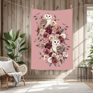 Chouette et rose fond rose