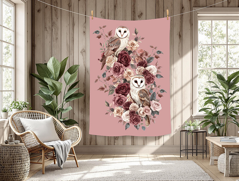Chouette et rose fond rose