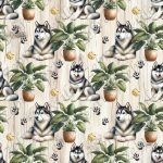 Husky et plante fond bois