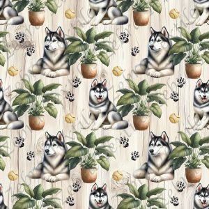 Husky et plante fond bois