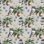 Husky et plante fond gris