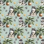 Husky et plante fond sarcelle
