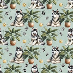 Husky et plante fond sarcelle