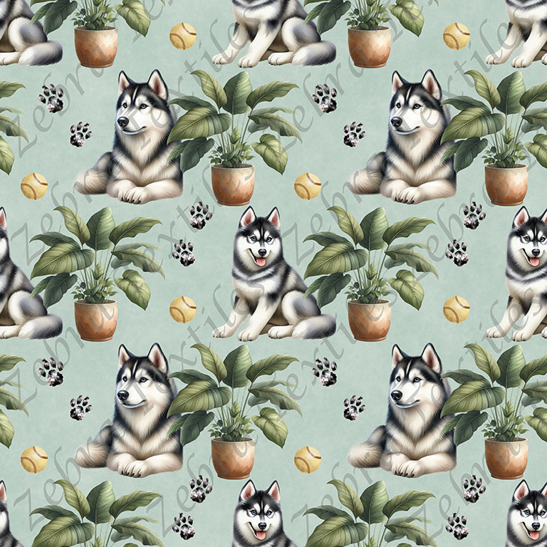 Husky et plante fond sarcelle