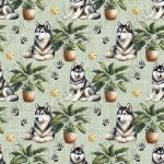 Husky et plante fond vert