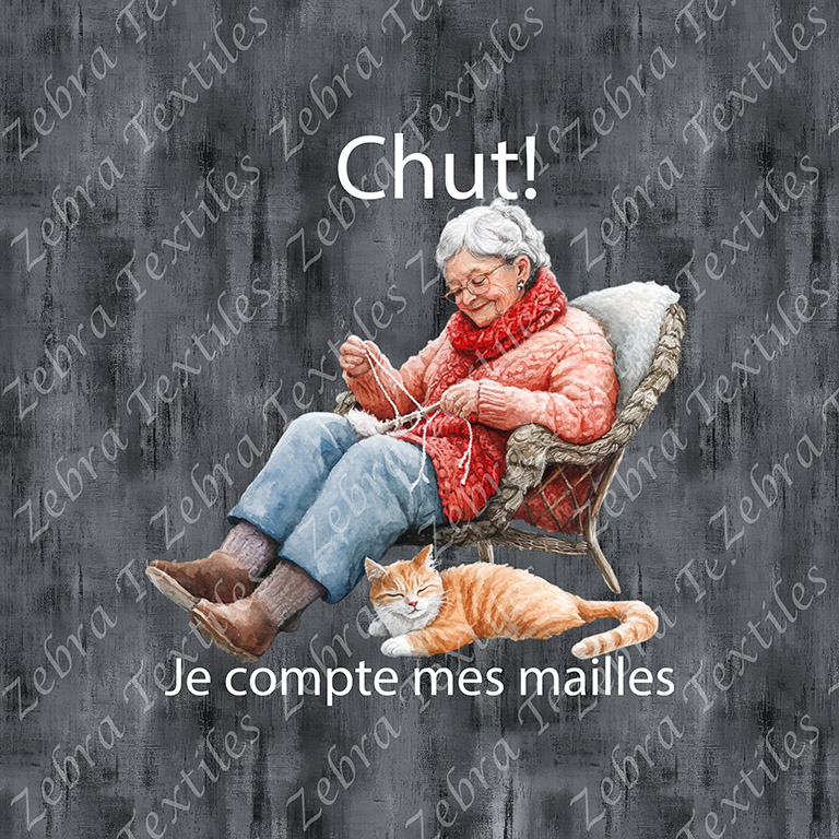 Vieille dame tricot chaise osier fond grunge