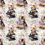 Chat et livre noire fond floral