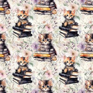 Chat et livre noire fond floral