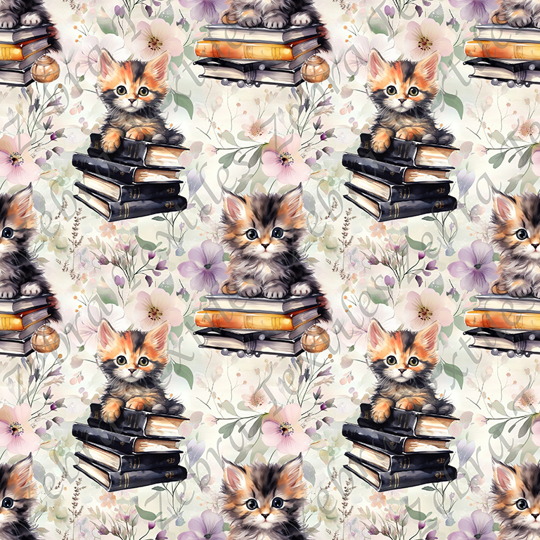 Chat et livre noire fond floral