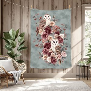 Chouette et rose fond aquarelle