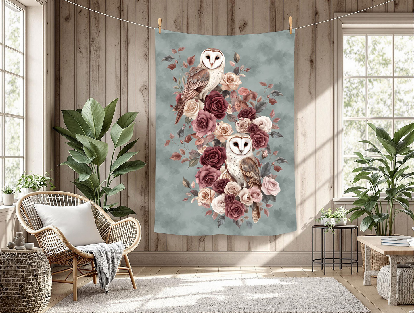 Chouette et rose fond aquarelle