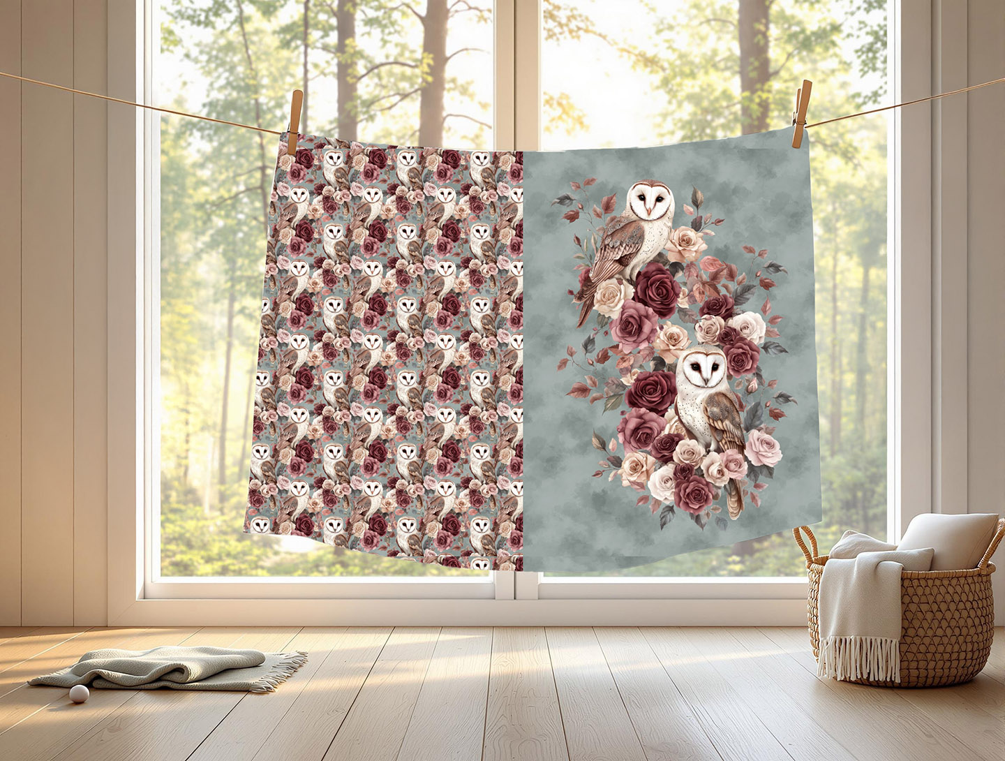 Chouette et rose fond aquarelle