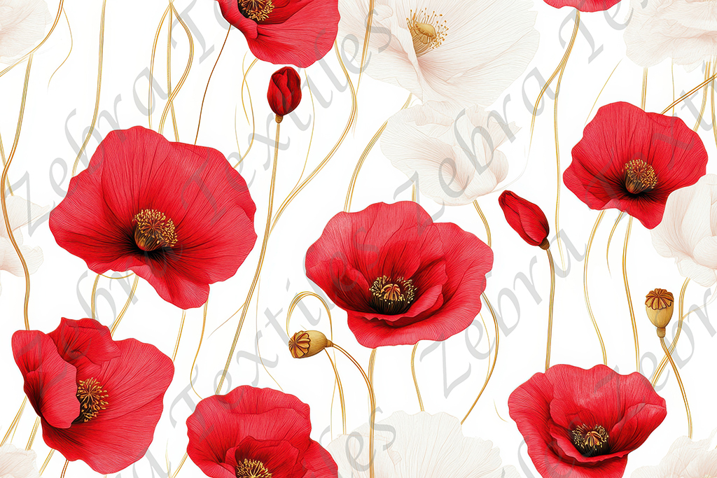 Elegant pattern featuring red and white poppy flowers with golden stems on a white background. Coquelicot rouge et crème fond crème