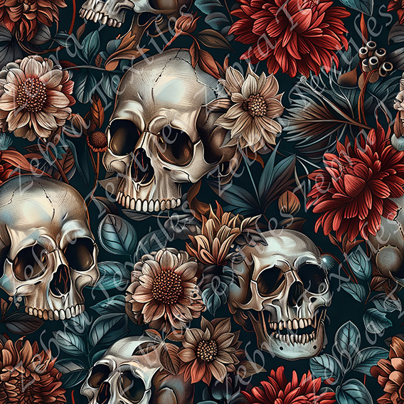 Crâne floral et feuille verte