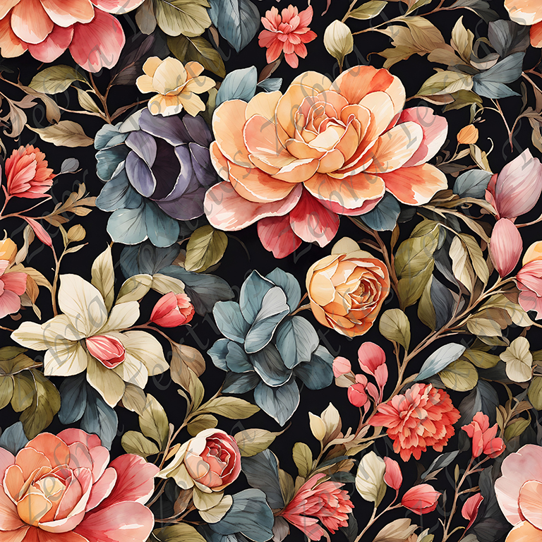 Floral orangée et rouge fond noir