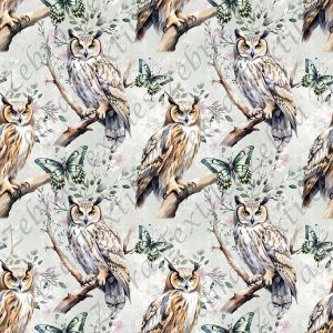 Hibou et papillon fond floral