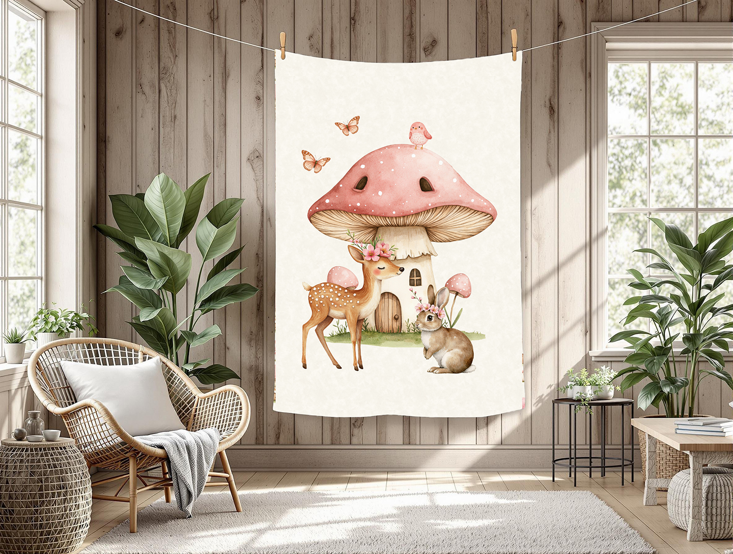 Lapin et chevreuil maison champi fond crème