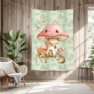 Lapin et chevreuil maison champi fond vert