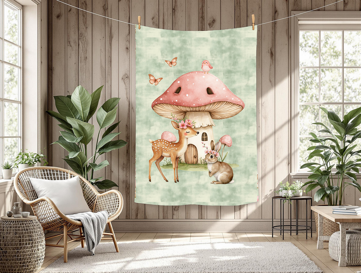 Lapin et chevreuil maison champi fond vert