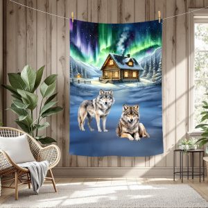 Loup et chalet sous les aurores