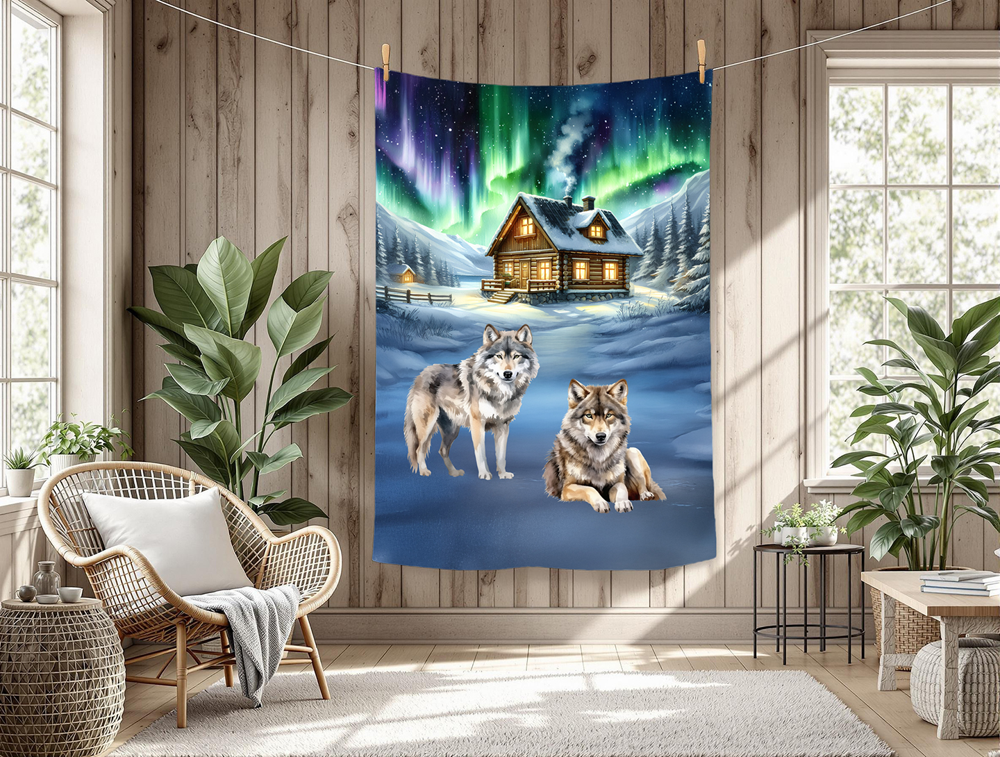 Loup et chalet sous les aurores