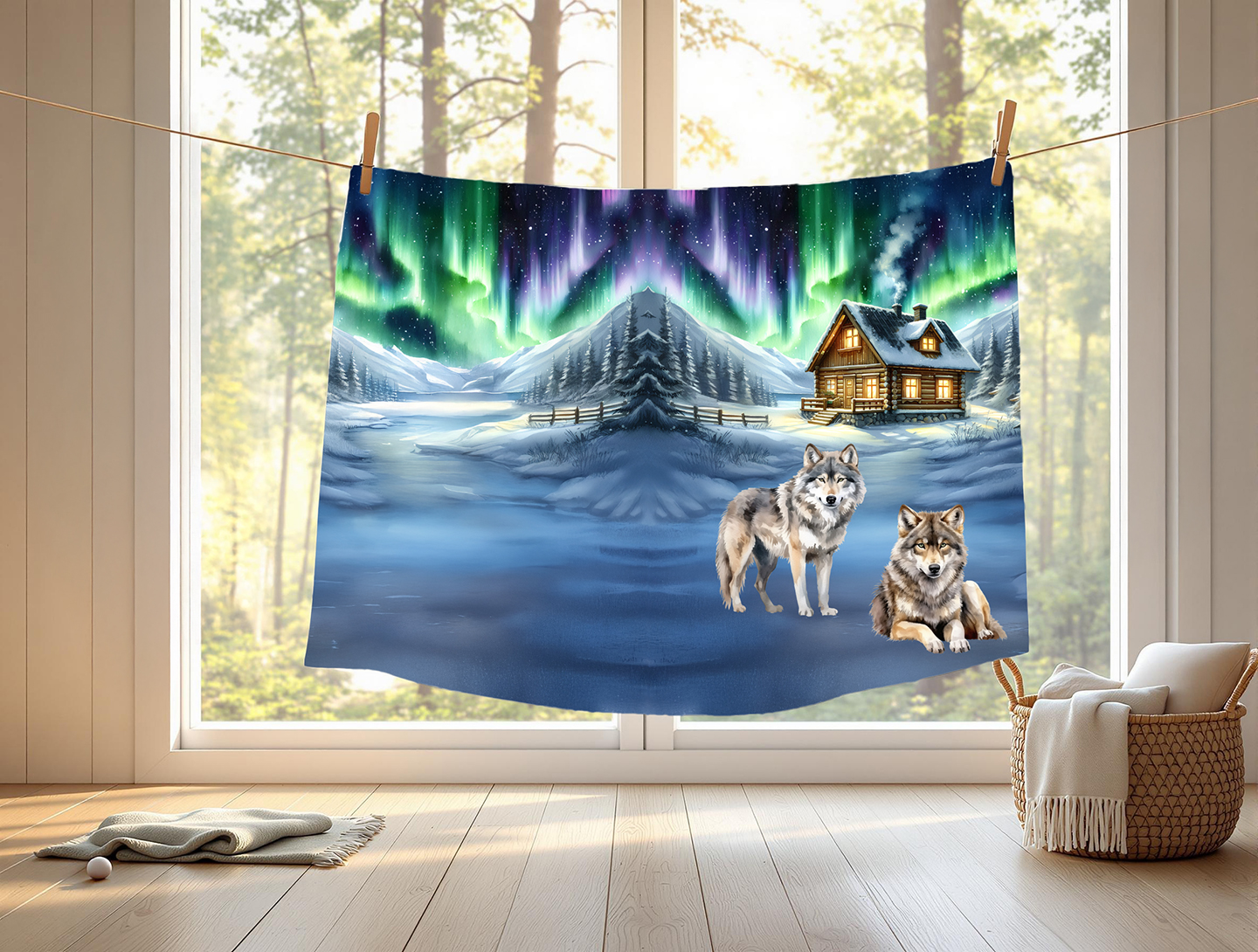 Loup et chalet sous les aurores