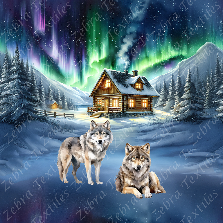 Loup et chalet sous les aurores