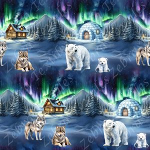 Loup et ours polaire sous les aurores